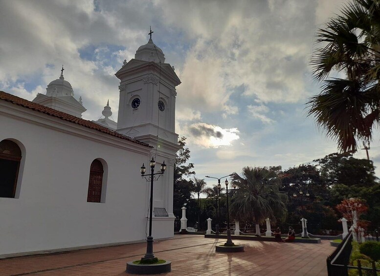 A white church with a clock tower and domes, surrounded by palm trees and a paved plaza. 3
