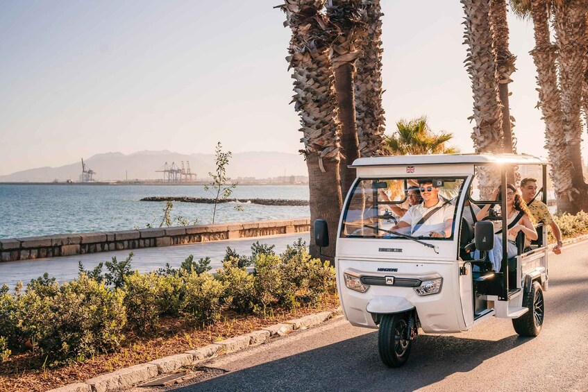 A white golf cart driving along a coastal road with palm trees and a port in the background. 2