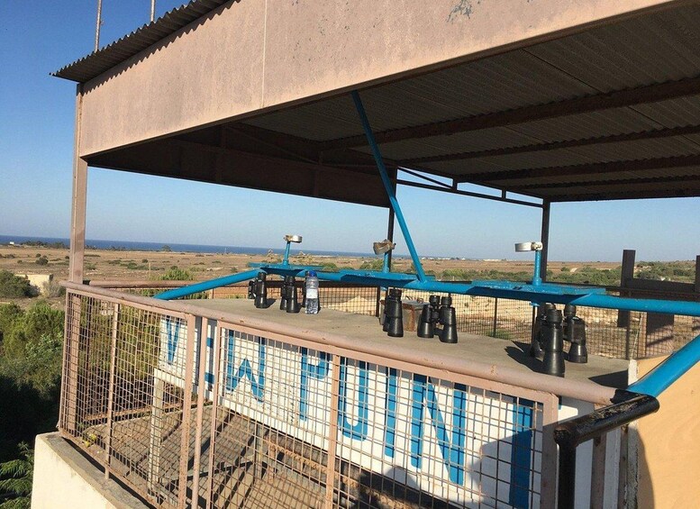 A lookout platform with binoculars and a sign reading 'FUN'. 4