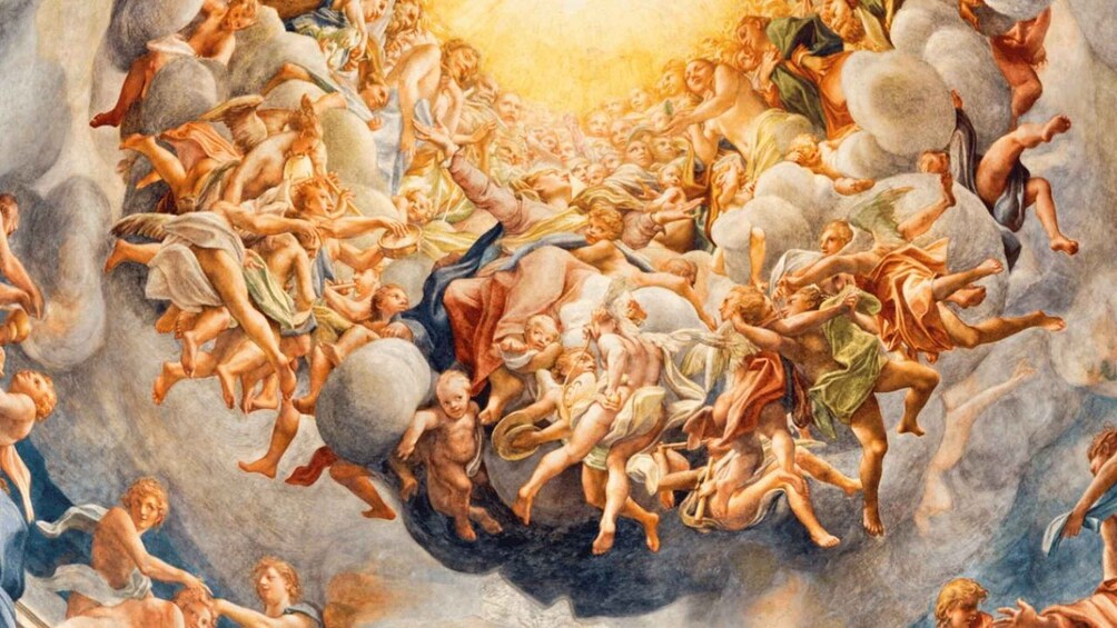 A fresco with cherubs and mythological figures in a dynamic scene. 1