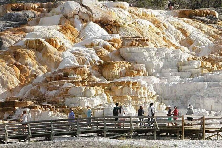 Terraced travertine formations with people observing. 1