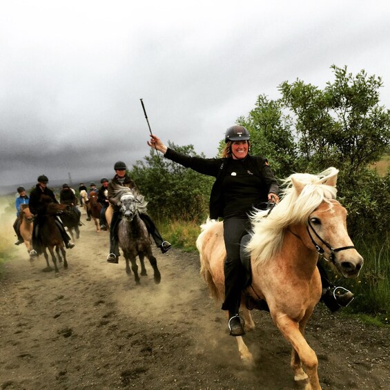A group of riders on horses on a dirt path. 4
