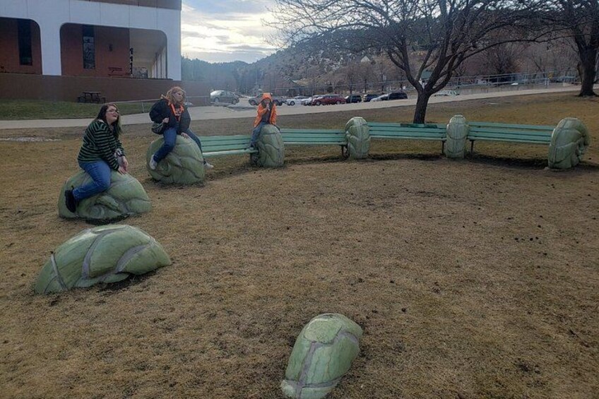 People sitting on large green bags in a park with a building and trees in the background. 1