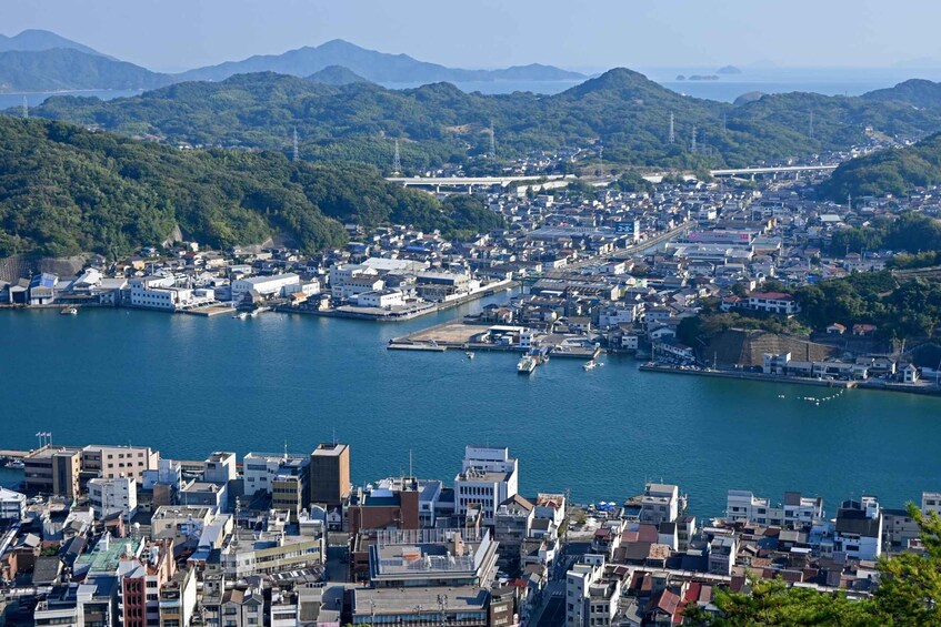 A coastal city with dense urban development, a harbor, and surrounding hills. 1