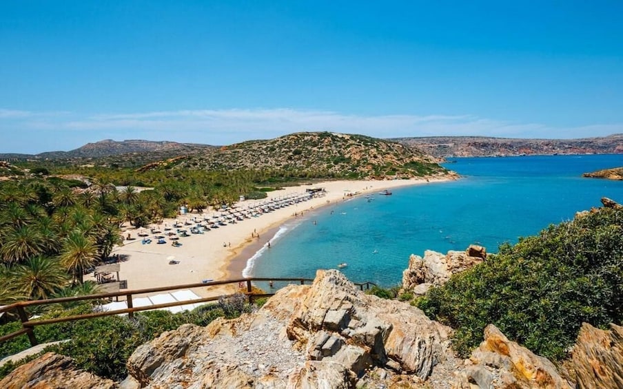 A coastal landscape with a beach, palm trees, and rocky terrain. 1