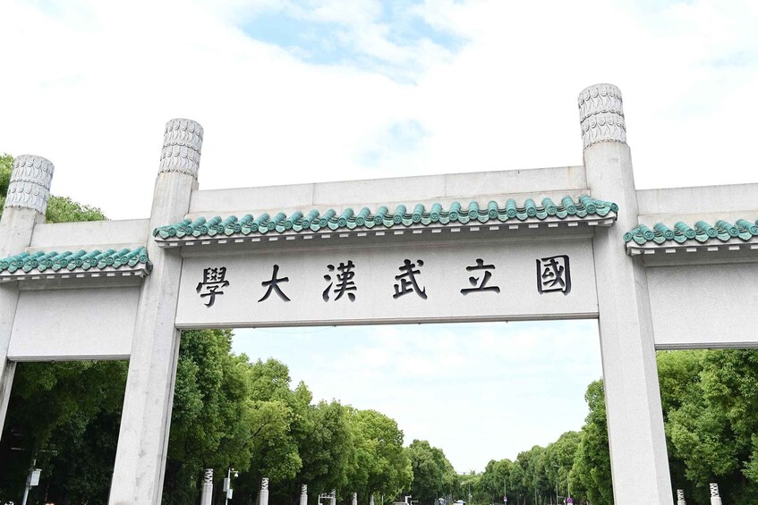 A traditional Chinese gate with inscriptions and a tiled roof. 5