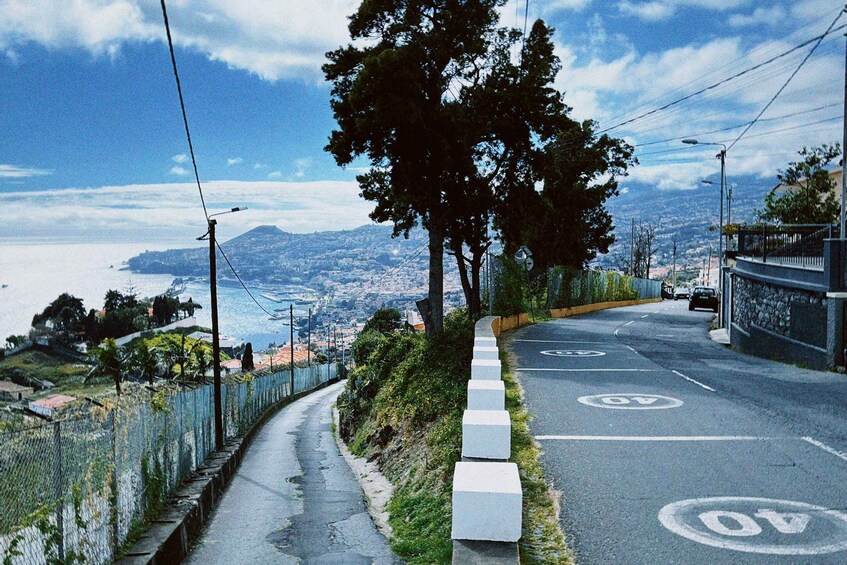 A winding road with speed limit signs, a guardrail, and a view of a coastal city. 4