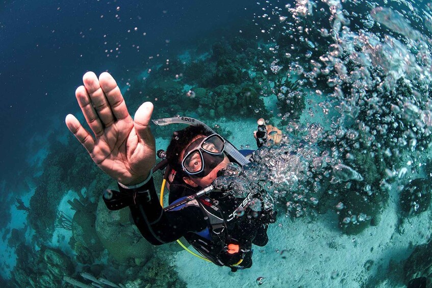 A diver underwater, reaching out with a hand. 1