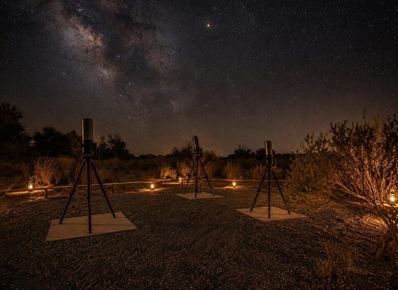 A starry night sky with the Milky Way visible, three telescopes on stands, and a gravel ground with sparse vegetation. 2