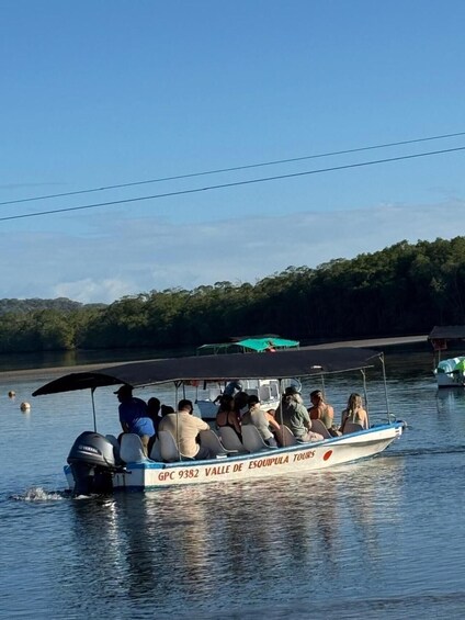 A boat with passengers on a calm lake, surrounded by trees and a clear sky. 4