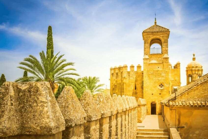 A historic stone fortress with a prominent tower, palm trees, and a clear sky. 2