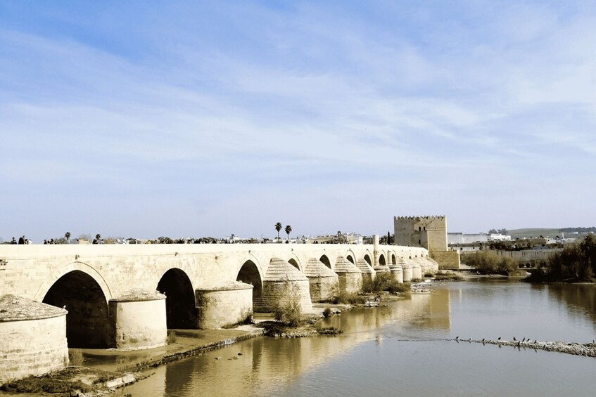 A stone bridge with multiple arches over a river, a castle in the background, and a clear sky. 3