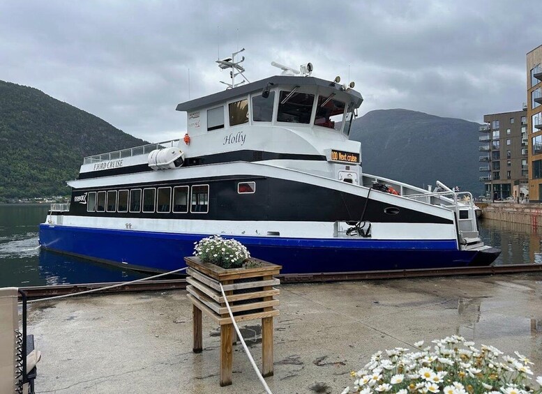 A ferry named 'Holly' docked at a pier with a mountainous backdrop. 5