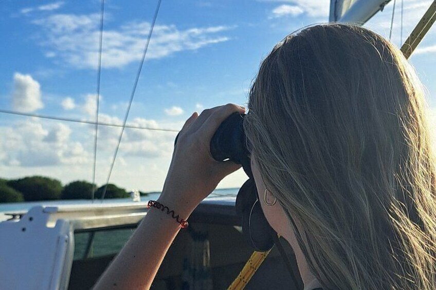 A person with blonde hair using binoculars, a bracelet, and a ring, with a boat and a partly cloudy sky in the background. 3