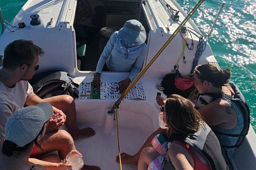 A group of people on a boat with a person steering, others seated, and a map on the floor. 2