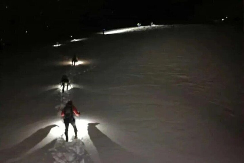 En person står på ski ned ad en sneklædt skråning om natten. 3