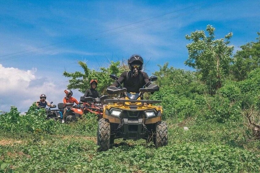 A group of people on ATVs in a grassy area with trees. 3