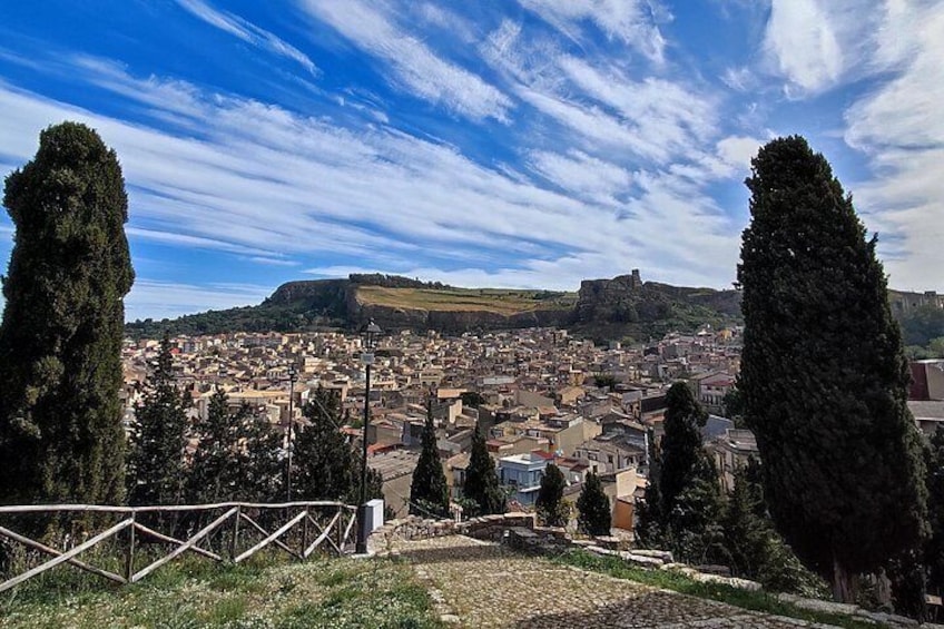 A town with a prominent hilltop fortress, surrounded by trees and a clear sky. 3