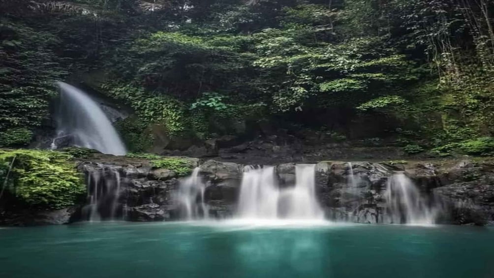 A waterfall cascading into a turquoise pool surrounded by lush greenery. 5