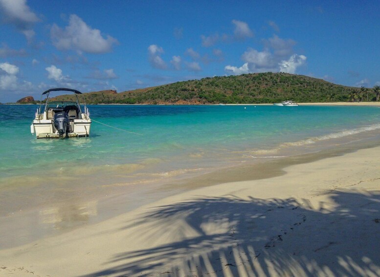 A boat anchored on a sandy beach with clear turquoise water and a hill in the background. 3