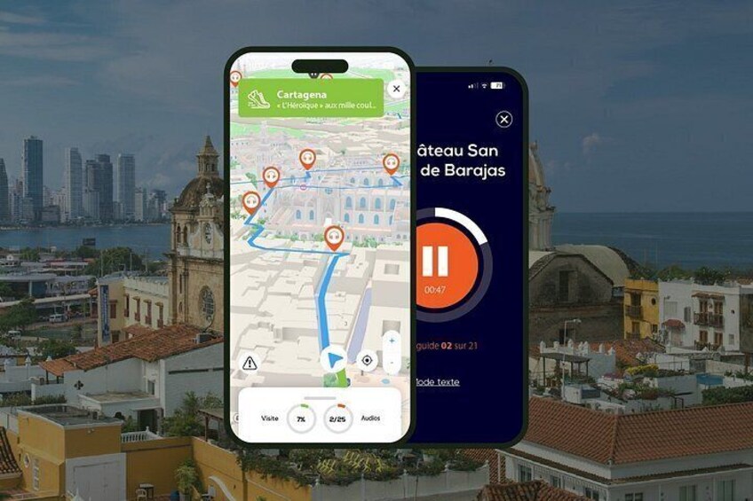 A smartphone displaying a map with a route marked in orange, a cityscape with buildings, and a body of water in the background. 1