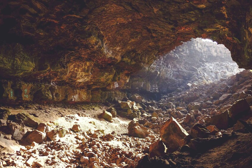 A rocky cave interior with a large opening allowing sunlight to illuminate the space. 1