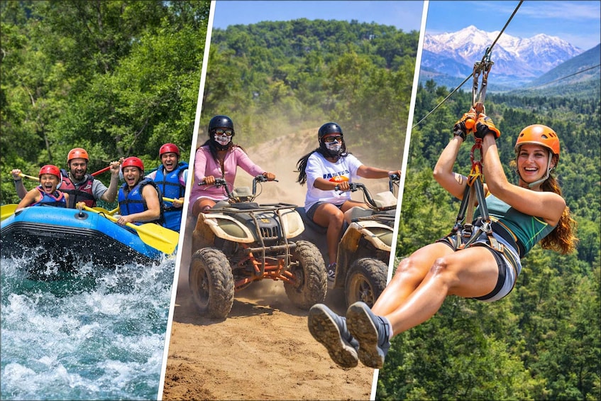People rafting, riding ATVs, and ziplining. 1