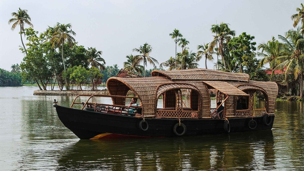 A traditional houseboat with woven roofs on water, surrounded by palm trees. 1