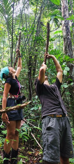 Two people in a forest, one holding a camera and the other a stick. 5