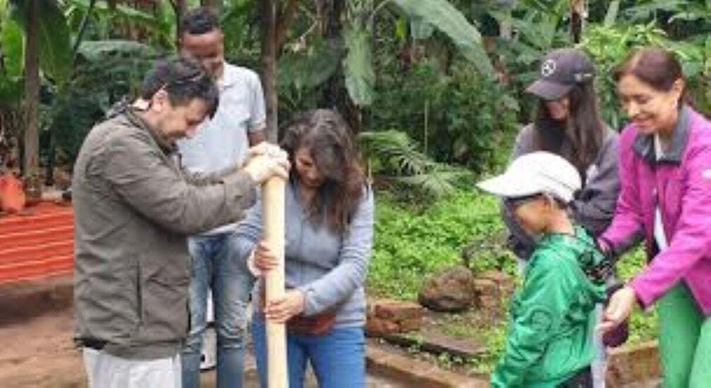 A group of people engaged in an outdoor activity, possibly a workshop or educational session, in a lush, green environment with dense foliage and a red pathway. 4