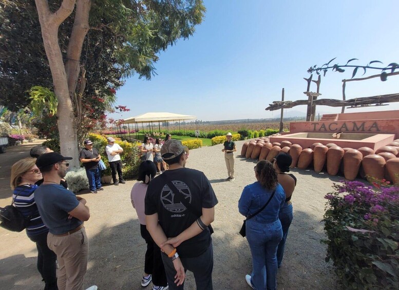 A group of people standing in front of a sign that reads "TACAMA" with terracotta pots arranged in a semi-circle. 2