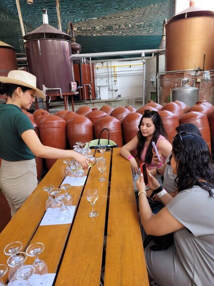 A group of people at a wine tasting event, seated around a wooden table with numbered wine glasses. 5