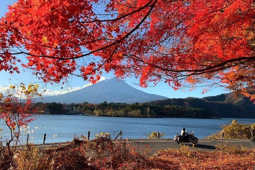 A lake with a mountain in the background, red autumn leaves, and a motorcycle on the shore. 4