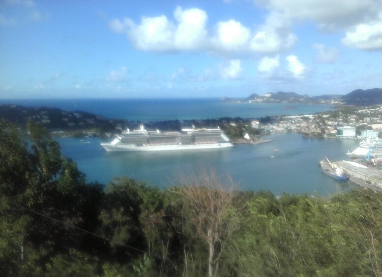 A cruise ship docked at a port with a cityscape in the background. 4