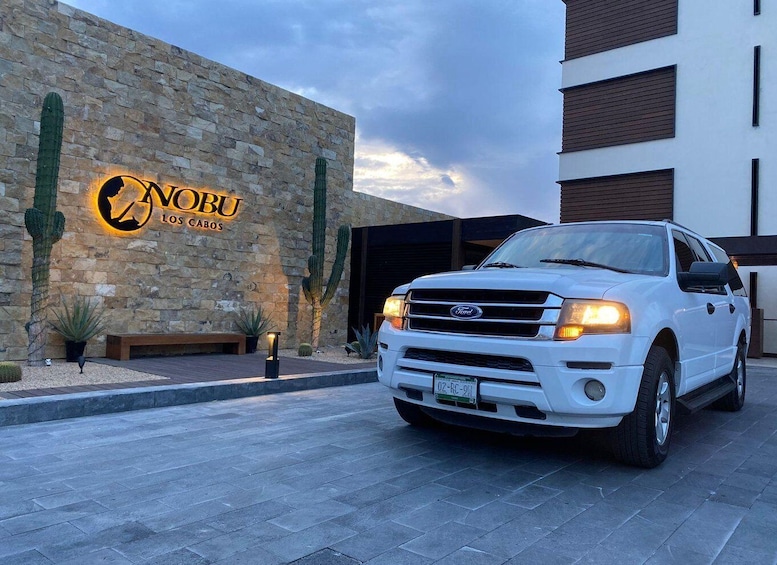 A white Ford truck parked in front of a building with a stone wall and cacti. 1