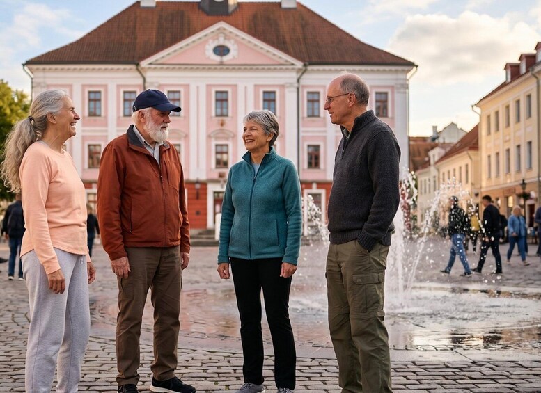 Four people standing in a cobblestone square with a fountain and historic buildings in the background. 3