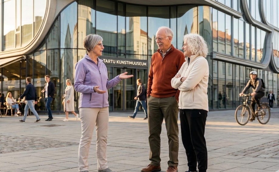 Three people conversing in front of a modern building with a glass facade and the sign 'TARTU KUNSTIMUSEUM'. 4