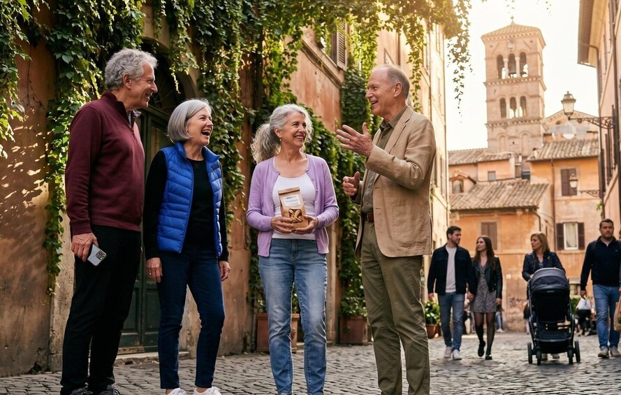 A cobblestone street with people walking, a bell tower, and ivy-covered buildings. 2