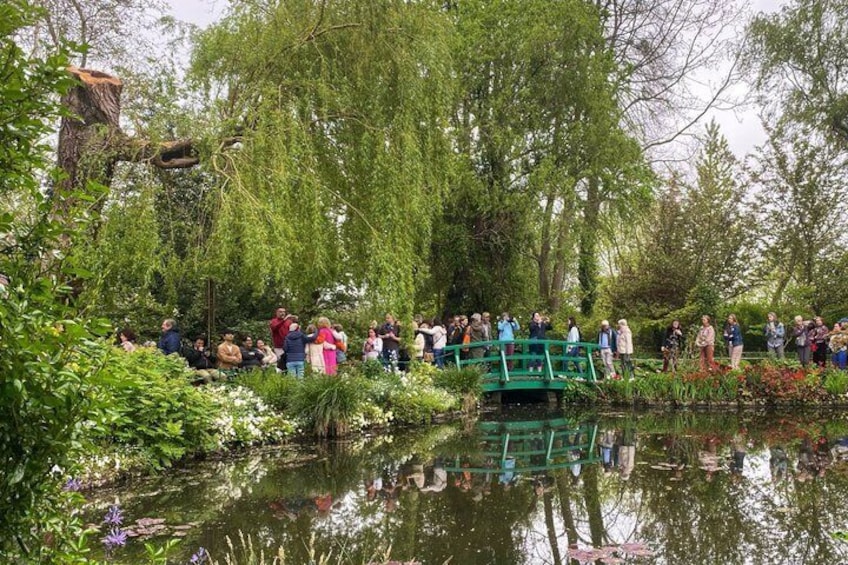 A group of people gathered around a pond with a green bridge, surrounded by lush greenery and trees. 1