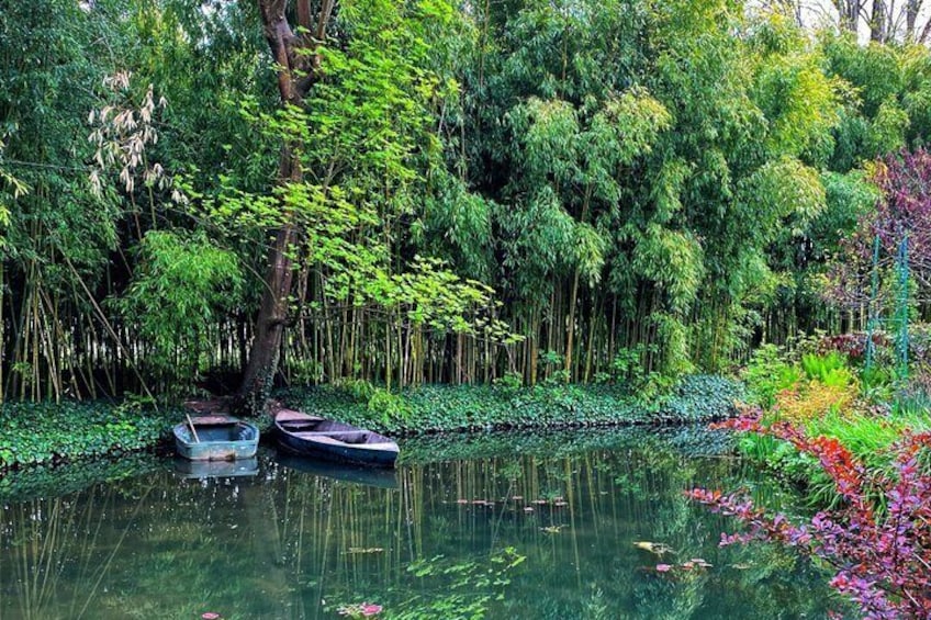 A calm river with two boats tied to a tree, surrounded by lush greenery and bamboo. 5