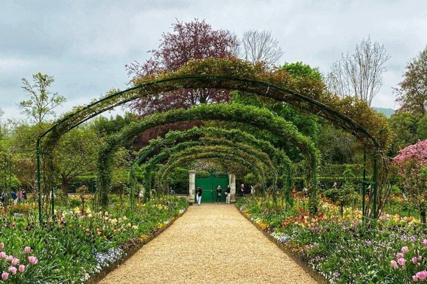 A garden with a gravel path, green archways, and various flowering plants. 1