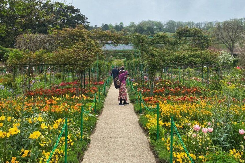 A garden path with various flowers and a person walking. 2