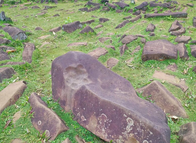 A field of large, irregularly shaped rocks with a prominent rock featuring a carved face. 4