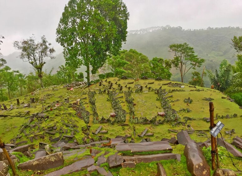 A hillside with scattered ruins and a signpost. 1