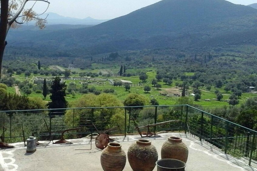 A scenic view of a valley with mountains in the background, a grassy field, and a few trees. 2