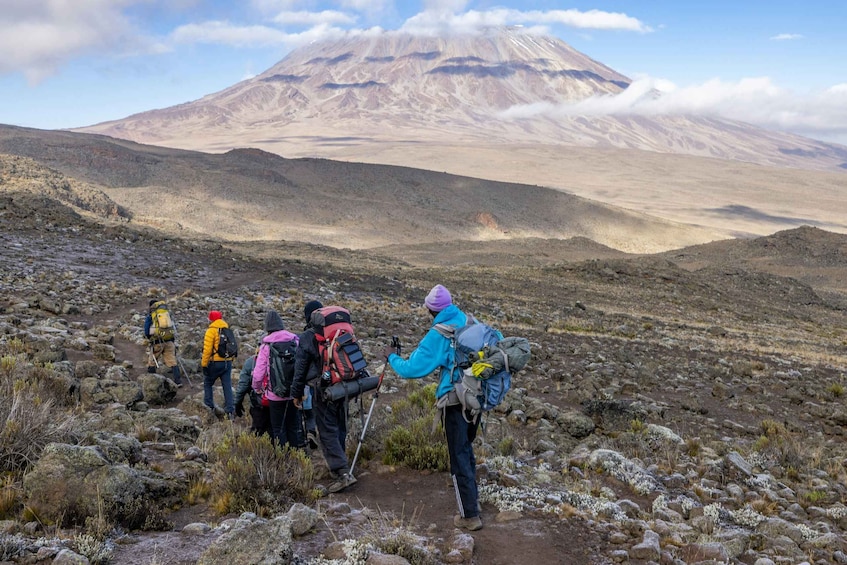 A group of hikers on a rocky trail with a mountain in the background. 3