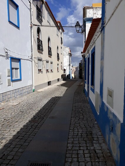 A cobblestone street lined with buildings painted in white and blue, under a partly cloudy sky. 5