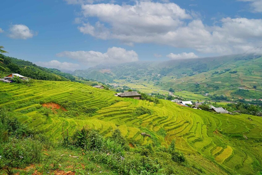 Terraced rice fields, a small village, and rolling hills under a partly cloudy sky. 5