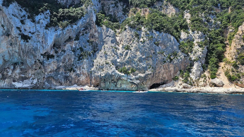 A coastal cliff with a clear blue sea, rocky terrain, and sparse vegetation. 3