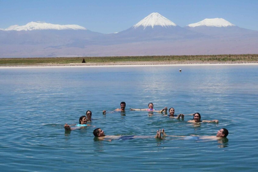 Un grupo de personas nadando en una gran masa de agua, con montañas nevadas al fondo. 3
